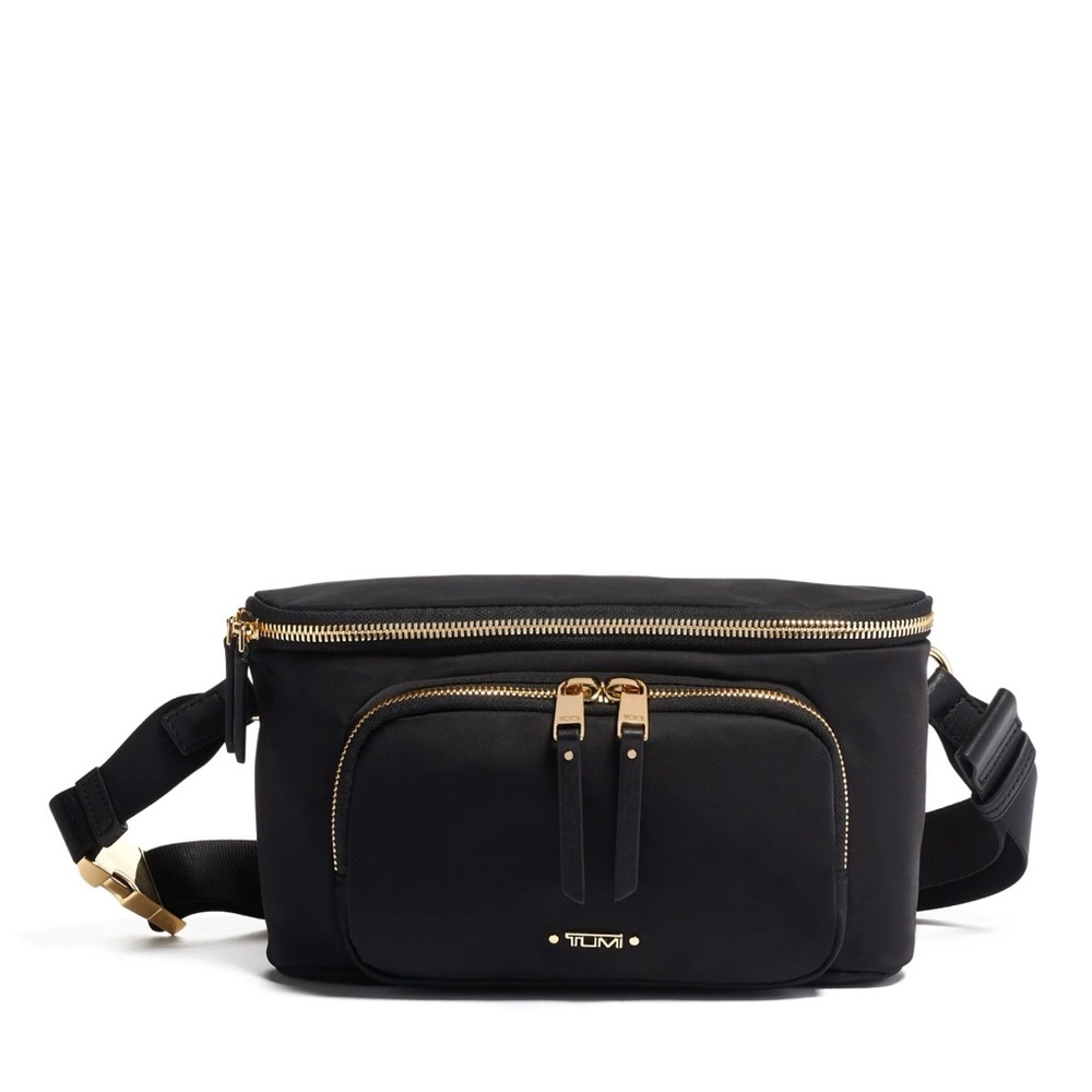 Tumi Black Crossbody Belt Bag with Gold Hardware
